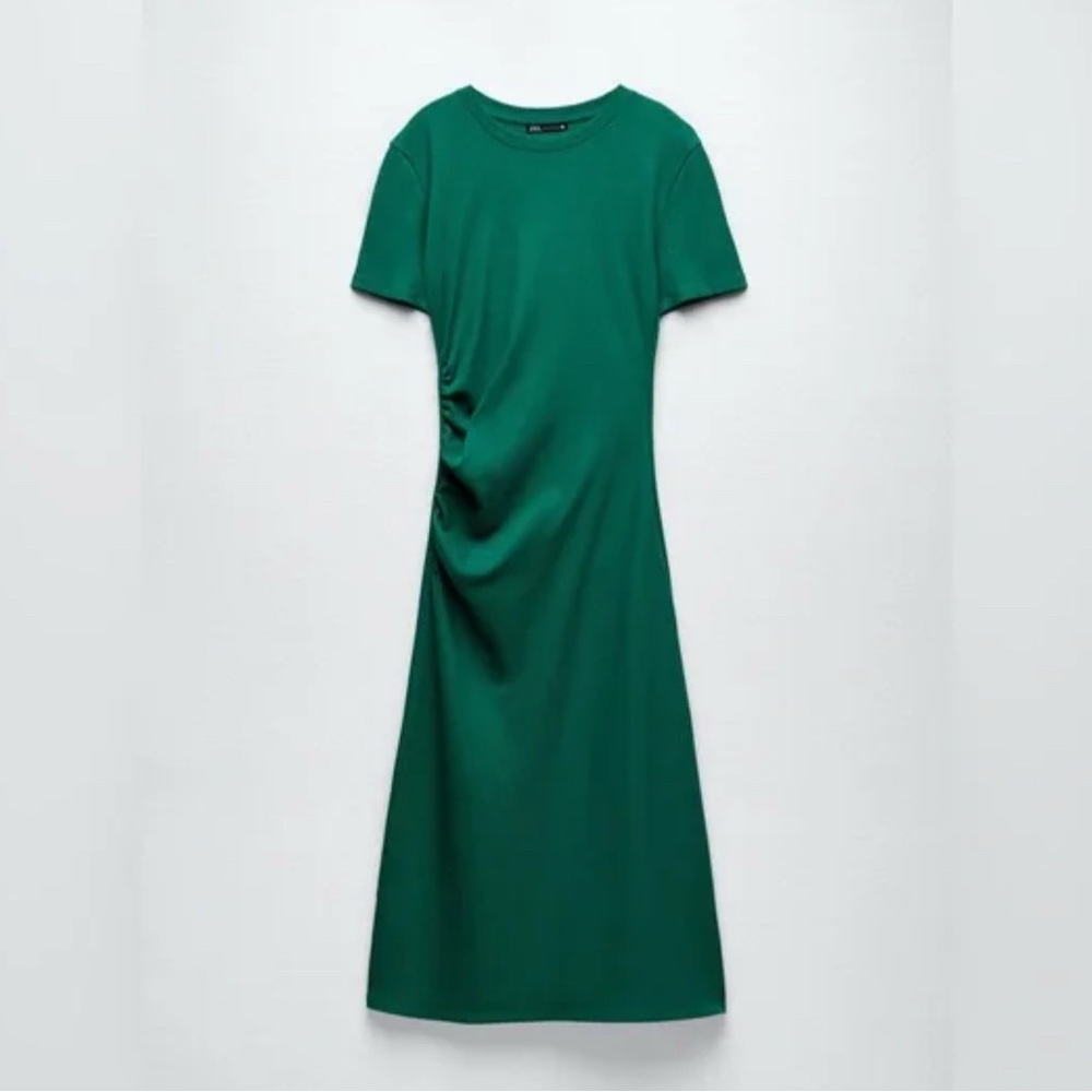 ZARA Green Dress with side Ruching XL - Picture 6 of 11